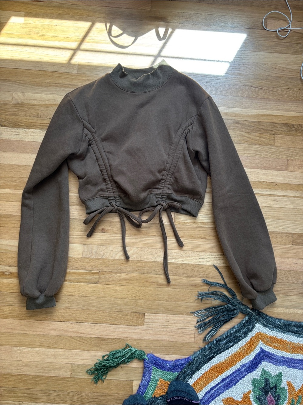 Fashion Nova Brown/Army Green Cropped Drawstring Sweatshirt